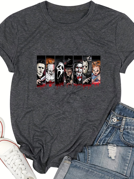 Spooky Fun: Halloween Character Cartoon Print Crew Neck T-Shirt - Women's Spring/Summer Casual Short Sleeve Top