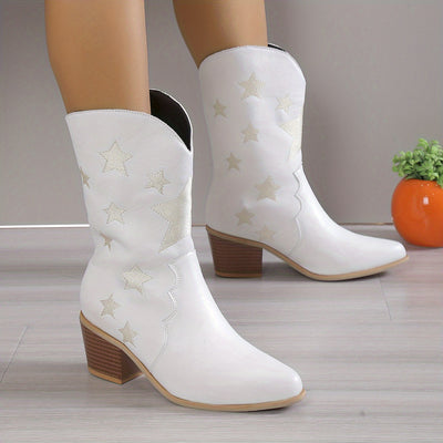 Stylish Star-patterned Chunky Heel Cowboy Boots: The Perfect Embroidered Western Fashion Statement for Women