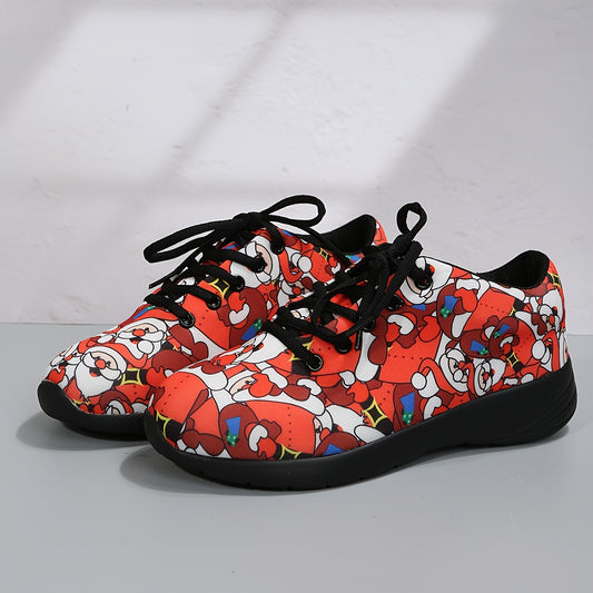Sleigh into Style with Women's Santa Claus Print Sneakers - Festive Lace-Up Low Top Trainers for Comfortable Walking