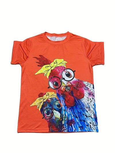 Cartoon Chicken Delight: Women's Casual Short Sleeve T-shirt with Quirky Print for Spring/Summer