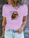 Halloween Bat Graphic and Lips Print Casual Sports T-Shirt - Perfect Women's Summer Tops!