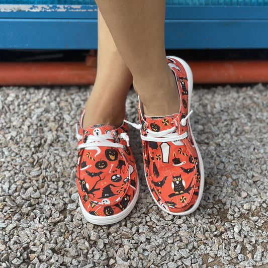 Halloween Chic: Women's Pumpkin Owl Printed Low-Top Canvas Shoes for Casual Outdoor Travel
