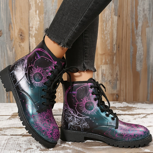 Look stylish on outdoor adventures with these Sun & Moon Print Ankle Combat Boots. These gothic-inspired boots have long-lasting non-slip soles, so they’re perfect for days spent exploring. Enjoy wearing fashionable footwear with excellent grip, no matter the conditions.