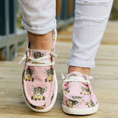 Cute and Comfortable Women's Cow Design Print Canvas Shoes - Low Top Lace Up Round Toe Casual Walking Shoes