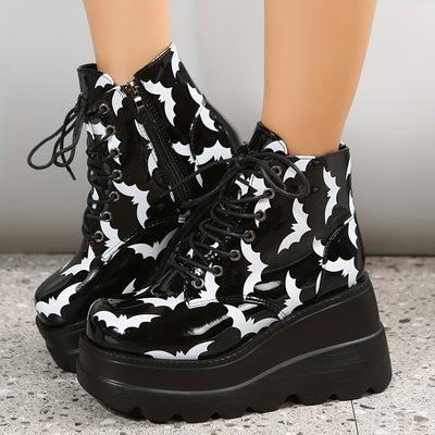 Stylish Halloween Platform Ankle Boots: Women's Bat Pattern Wedge Heeled Boots