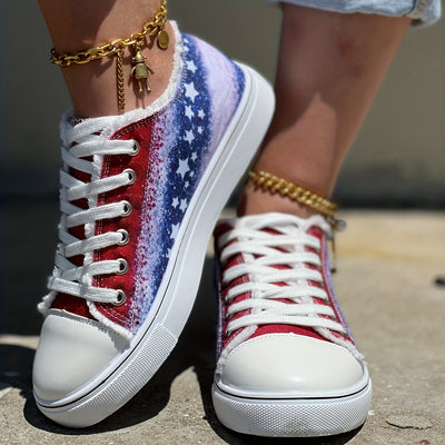 Glitter Star Pattern Women's Canvas Shoes - Casual Lace Up Outdoor Shoes for Independence Day