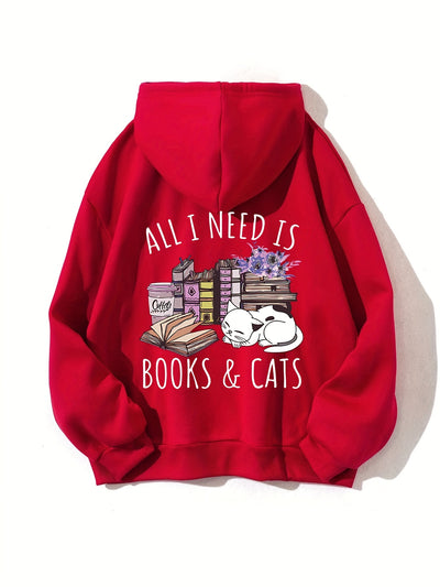 Feline Frenzy: Books & Cats Print Hoodie - Stay Cozy and Stylish this Winter/Fall with this Casual Hooded Sweatshirt for Women