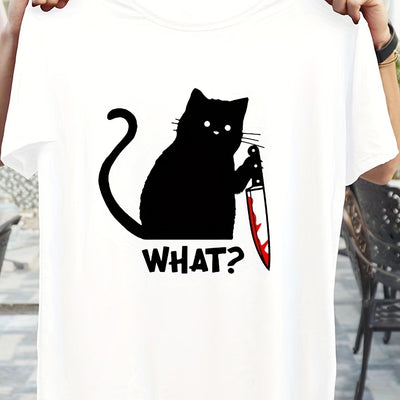 "What" Letter & Black Cat Print T-shirt, White Crew Neck Short Sleeve Sports Top, Women's Clothing