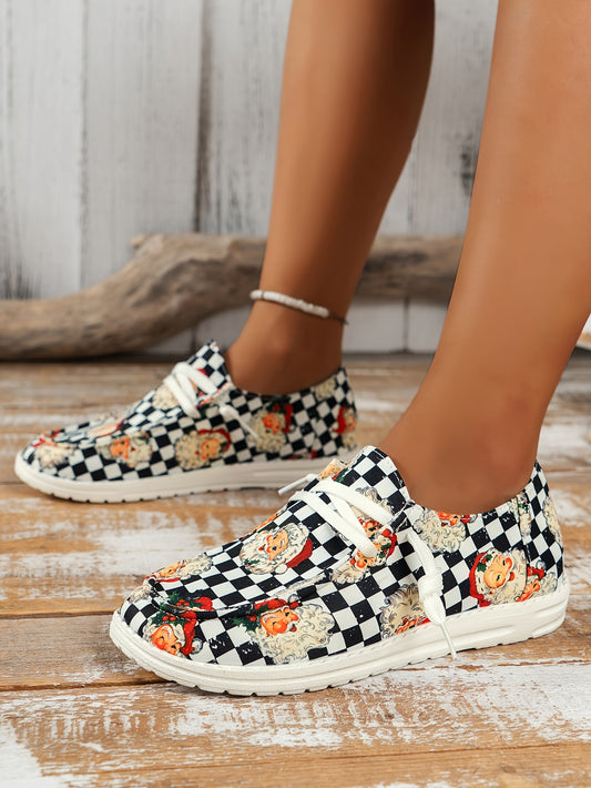 Playful and Festive: Women's Cartoon Santa Claus Print Slip-On Shoes for a Comfy Christmas