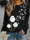 Dandelion Dream: Cute Cat Print Sweatshirt - Casual and Comfy Crew Neck Long Sleeve Top for Women