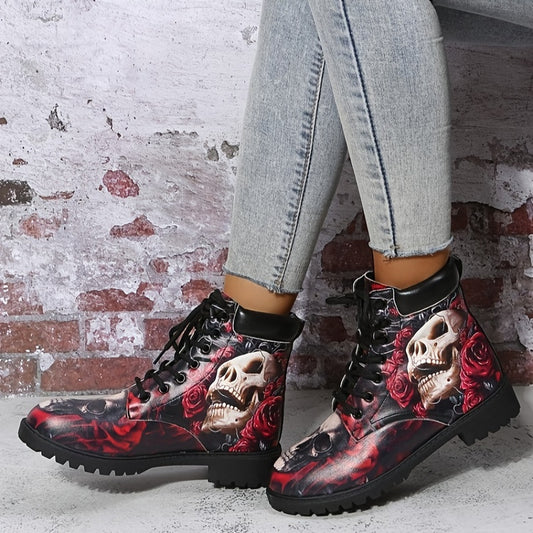 Stay fashionably ahead of the trends with these stylish skull and rose patterned winter boots. The mid-calf construction ensures warmth and comfort, while the unique edgy pattern is perfect for making a statement. This footwear provides durability and impact resistance in winter weather.