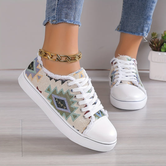 Look elegant and feel comfortable with these lightweight low top sneakers for women. Featuring a stylish geometric pattern, these canvas shoes are perfect for casual outdoor activities. With extra insole padding, these sneakers will keep your feet comfortable all day.