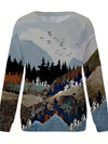 Cozy and Stylish: Landscape Print Pullover Sweatshirt for Fall-Winter Women's Clothing