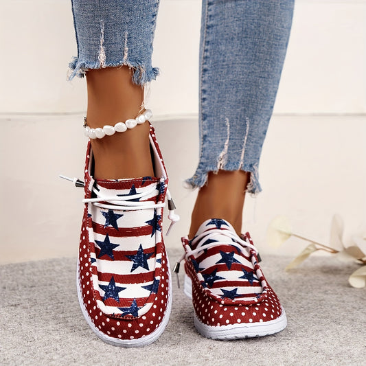 These stylish women's shoes feature a patriotic star design, making them a perfect choice for the Fourth of July and other outdoor events. The canvas material is lightweight yet durable, delivering comfort and support throughout the day. With the stars design, these shoes make a great addition to any wardrobe.