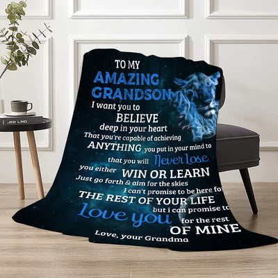 Dark Blue & Letter Warm and Cozy Flannel Blanket - For Grandson from Grandma and Grandpa - Perfect for Couch, Bed, and Sofa