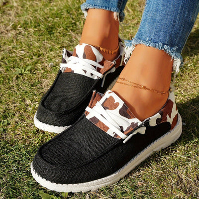 Trendy Cow Pattern Women's Canvas Shoes - Comfortable Lace Up Outdoor Shoes for Casual Wear