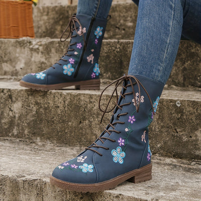 Retro Mid-Calf Boots with Floral Embroidery: Women's Lace-Up Side Zipper Shoes