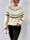 Geo-Pattern Crew Neck Pullover: Embrace Casual Coziness in this Loose Sweater for Women