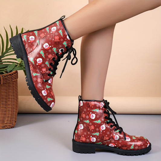 Festive and Fun: Women's Christmas Cartoon Print Ankle Boots - Get into the Holiday Spirit with These All-Match Outdoor Boots!