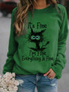 I'm Fine, It's Fine and Cartoon Cat Print Sweatshirt, Long Sleeve Crew Neck Casual Sweatshirt For Winter & Fall, Women's Clothing