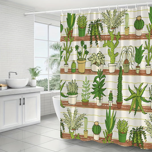 Whimsical Cactus Shower Curtain: Delightful Green Plant Bonsai Design for a Tropical Oasis in Your Bathroom