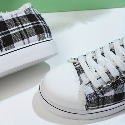 Lightweight and Stylish: Women's Plaid Canvas Sneakers with Raw Trim - Casual and Comfortable Low-Top Flat Shoes for Everyday Wear