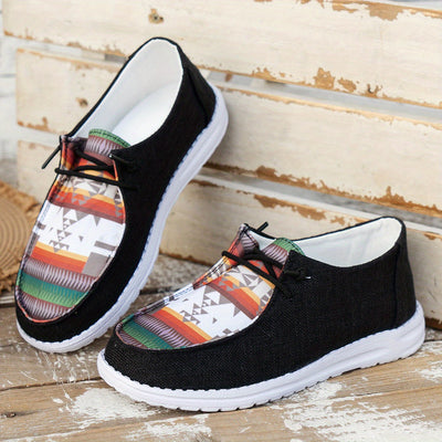 Geometric Design Canvas Shoes for Women - Low Top Lace Up Flat Sneakers for Casual Wear