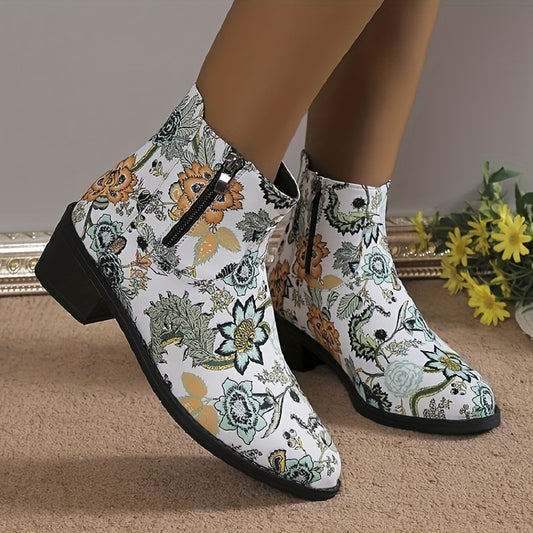 These stylish women's boots feature a colorful floral print and a durable side zipper for easy on-off. The point toe provides a comfortable fit and the block heel offers superior traction for versatile and comfortable wear.