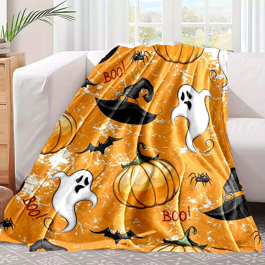 This Halloween Pumpkin & Cartoon Ghost Flannel Blanket is the perfect addition to your home this festive season. It's made of a soft, warm flannel material and features a personality printed design. This blanket is sure to add a cozy and spooky feel to any interior.