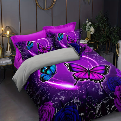 Duvet Cover Set with Butterfly and Rose Print - Soft and Comfortable Bedding Set for Bedroom or Guest Room (1*Duvet Cover + 2*Pillowcases, Without Core)