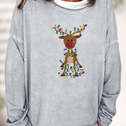 Fashionable Christmas Elk Print Sweatshirt: Embrace Festive Comfort with this Casual Long Sleeve Crew Neck Sweatshirt