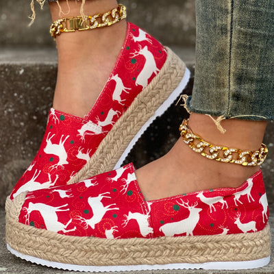 Stylish Women's Deer Print Canvas Shoes: Comfortable Slip-On Espadrille Shoes with Platform - Perfect for Christmas