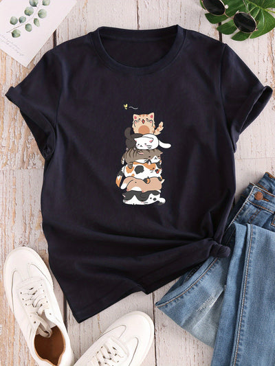 Stylish and Casual: Women's Cat Print Crew Neck T-Shirt - A Must-Have for Spring/Summer Fashion!