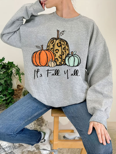 Pumpkin and It's Fall Y'all Print Sweatshirt, Casual Long Sleeve Crew Neck Sweatshirt, Women's Clothing