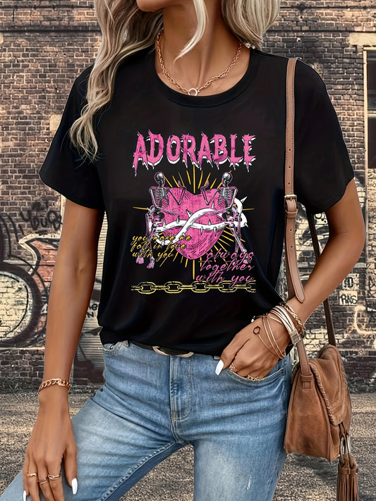 Add chic style to your wardrobe with this stylish Skull Heart Print T-Shirt. Crafted from a lightweight cotton blend, this casual yet classic piece is a timeless addition to any woman's wardrobe. The unique skull pattern injects a touch of personality into any outfit.