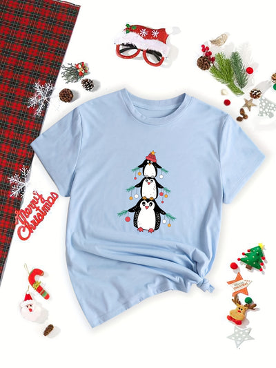 Penguin Paradise: Stylish and Comfy Plus-Size Christmas Casual T-Shirt for Women