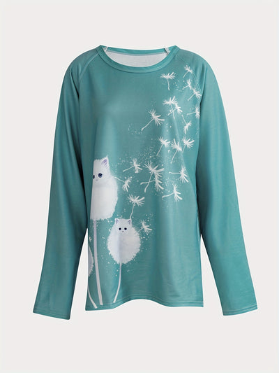 Dandelion Dream: Cute Cat Print Sweatshirt - Casual and Comfy Crew Neck Long Sleeve Top for Women