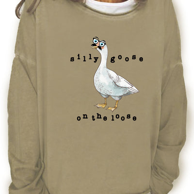 Casual and Cozy: Silly Goose Print Crew Neck Sweatshirt for Women