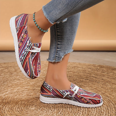 Women's Tribal Style Pattern Canvas Shoes, Geometric Pattern Round Toe Low Top Loafers