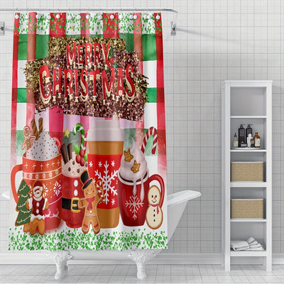 Whimsical Holiday Delight: Red Santa Claus Gnome Snowflake Snowman Shower Curtain for Festive Bathroom Decor