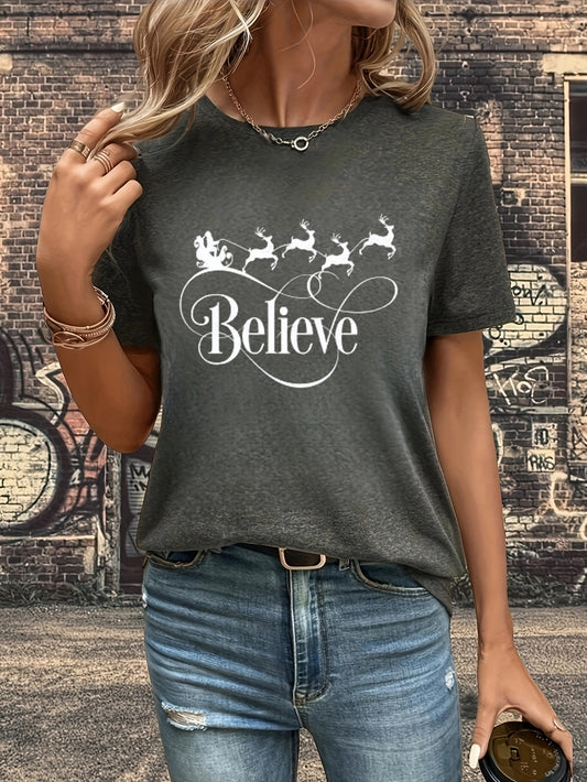 Add some holiday cheer to your wardrobe with this Christmas spirit themed T-shirt! The casual short-sleeve cut is perfect for summer days, while the festive letter print will get you in the holiday mood. Enjoy the comfort and style of season-inspired fashion!