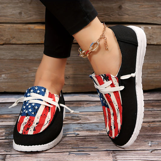 Women's Canvas Shoes with US Flag - Casual Low Top Shoes with Flag Pattern for Independence Day Celebrations