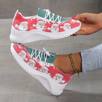 Playful and Festive: Women's Cartoon Santa Claus Print Sneakers – Holiday Magic in Every Step!