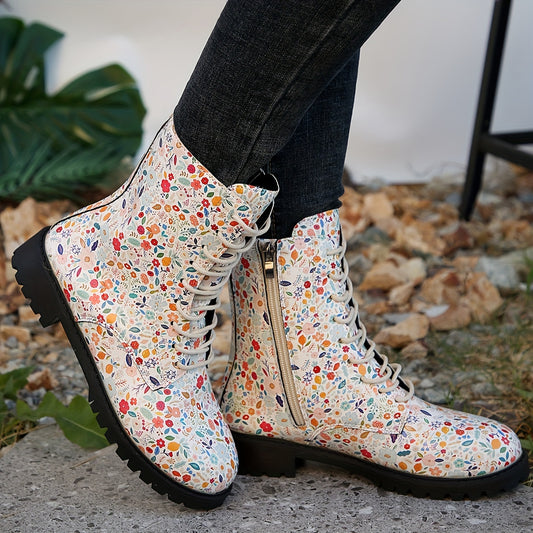 Stylish Women's Floral Combat Boots: Fashionable Round Toe Lace-Up Short Boots for Comfort and Style