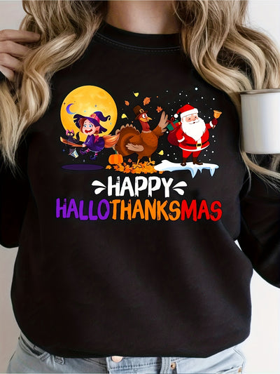 This Festive Fusion: Happy Hallothanksmas Print Sweatshirt is made from a super-soft fabric blend, designed to keep you feeling comfortable and cozy all day. The casual crew neck offers breathability and flexibility, while the Festive Fusion print adds a festive spin to your seasonal wardrobe. Perfect for chilly days.