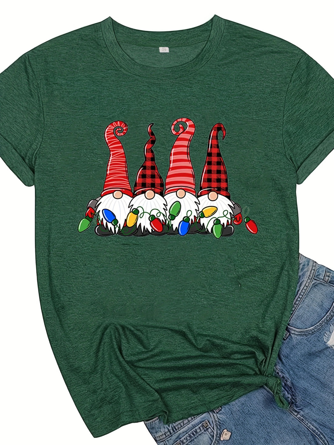 This crew-neck T-shirt features an eye-catching gnome pattern perfect for spring and summer. With its comfortable fit, breathable material, and stylish look, it's an essential for any wardrobe.