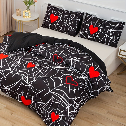 Enjoy the spooky season with this Love Spider Web Print Duvet Cover Set, featuring one duvet cover and two pillowcases. This perfect Halloween-themed bedding is ideal for kids, adults, and guests, providing comfort and a unique design. Ensure a sound sleep with this spooky set!
