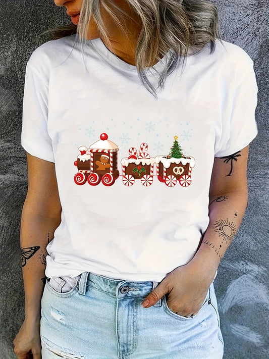 Get ready to celebrate the holiday season with this Festive Fun Christmas Train Print T-Shirt! Featuring a classic train design and casual crew neck style, this short sleeve top is perfect for all your festive gatherings. Spread cheer in style with this must-have addition to your wardrobe.