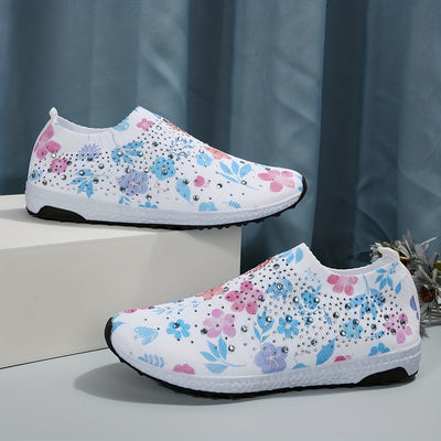 Floral Rhinestone Delight: Women's Stylish Shockproof Running Shoes for Light and Breathable Sports