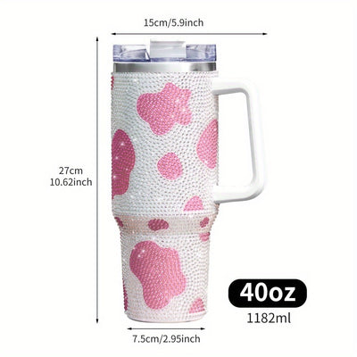 40oz Rhinestone Design and Cow Pattern Stainless Steel Tumbler with Lid and Straw - Portable and Stylish Drinking Cup for Car, Home, Office, and Travel - Perfect Birthday Gift